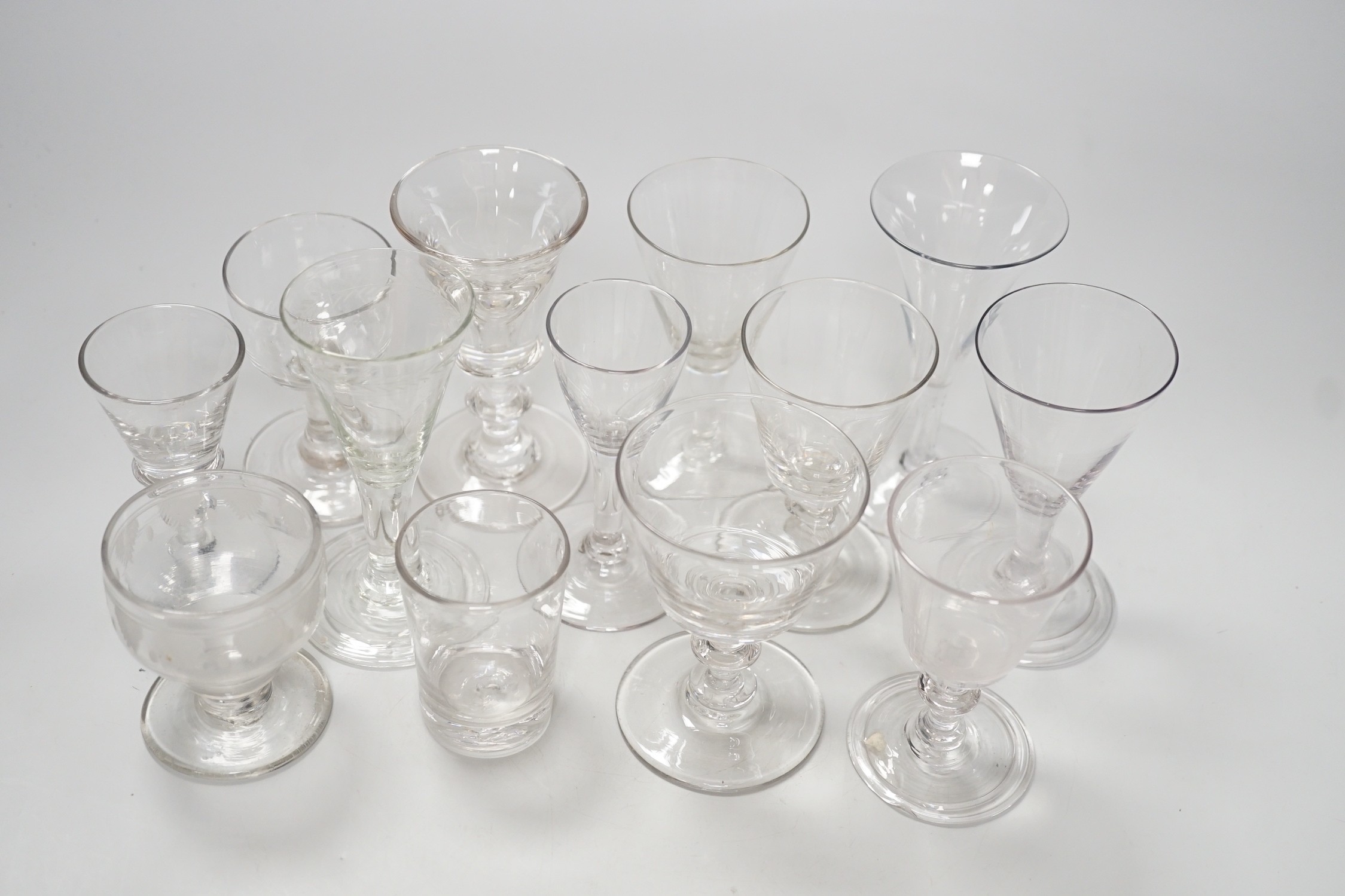Thirteen various 18th/19th century wine glasses. Tallest 12cm